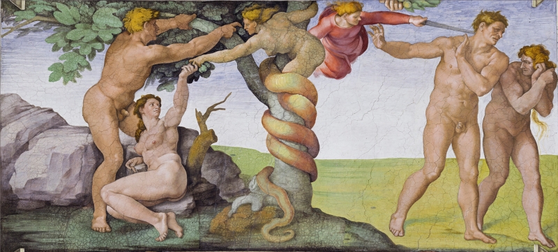 Fall and Expulsion from Garden of Eden by artist Michelangelo Buonarotti